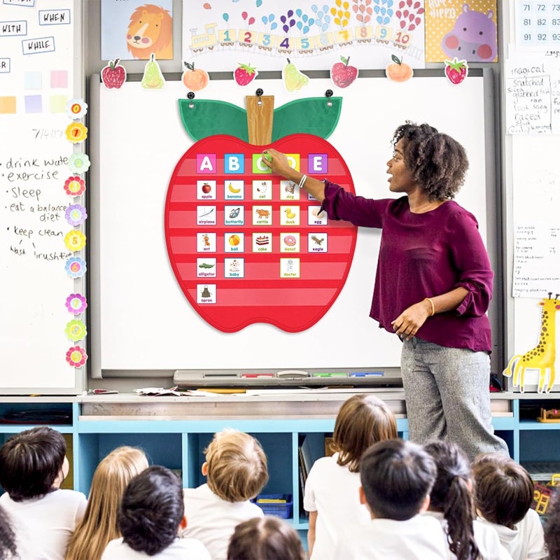 ALSLEA Large Pocket Chart for Classroom, 27 ½＂x 33 ⅞" Apple Shaped Hanging Pocket Charts for Kids, Back to School Supplies for Teacher, Pocket Charts with 6 Sentence Strips Holder (Red) - Image 4